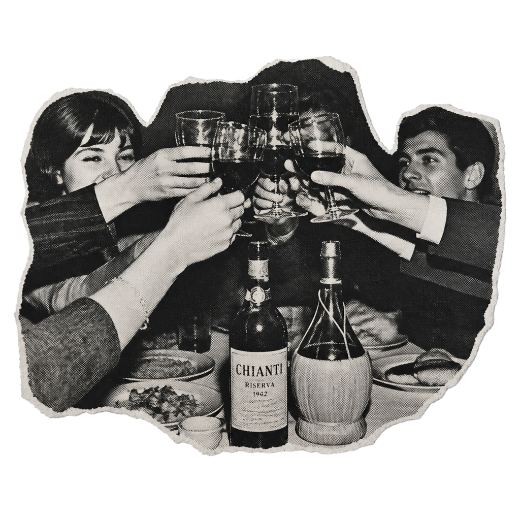 Friends raising glasses in a toast around a dinner table